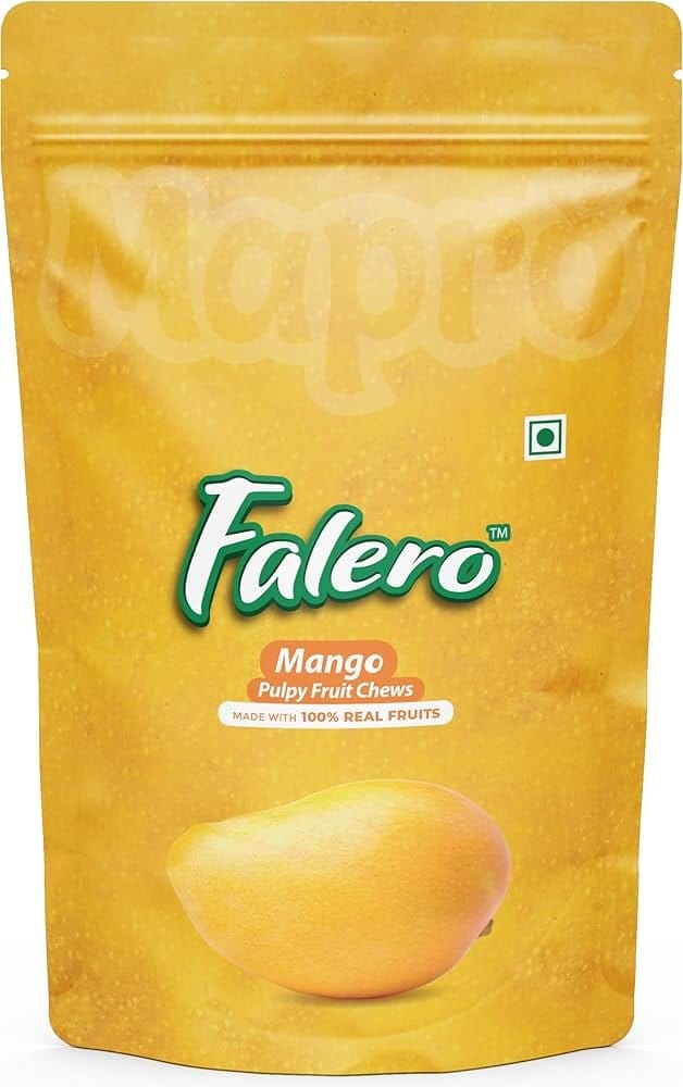 ac574127-acd3-438e-a3aa-e49b4e7d4a69jpg - Namaste Bazaar Yellow pouch of Falero Mango Pulpy Fruit Chews with a mango image, Falero logo, and text reading 'Made with 100% real fruits' - Falero Alphonso Mango 150G