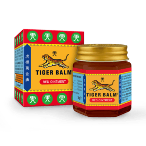 Tiger Balm Red Ointment jar and its yellow/red box with a tiger logo, for topical pain relief. (Product label reads 'Tiger Balm Red Ointment') - Flying Tiger Balm Red 15gm