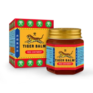 Tiger Balm Red Ointment jar and its yellow/red box with a tiger logo, for topical pain relief. (Product label reads 'Tiger Balm Red Ointment') - Flying Tiger Balm Red 15gm