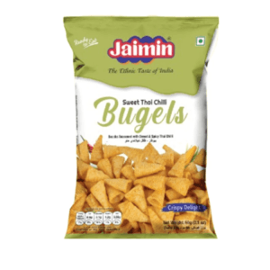 Front of a Jaimin snack bag labeled 'Sweet Thoi Chilli Bugels' with triangular crispy chips visible at the bottom. - Jaimin Fryums Sweet Thai Chilli Bugels 60g