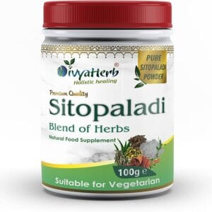 Jar of Sitopaladi blend of herbs herbal powder, 100 g, suitable for vegetarians, red lid - One Stop Sitopaladi Powder 100g