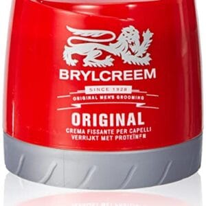 Red Brylcreem Original hair product jar for men, with white logo lion and gray base cap. - Brylcream 150ml
