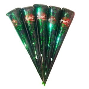 Bundle of green-wrapped decorative sticks with floral patterns and Hindi text on the wrappers. - Meenakshi Mahandi Cone 20g