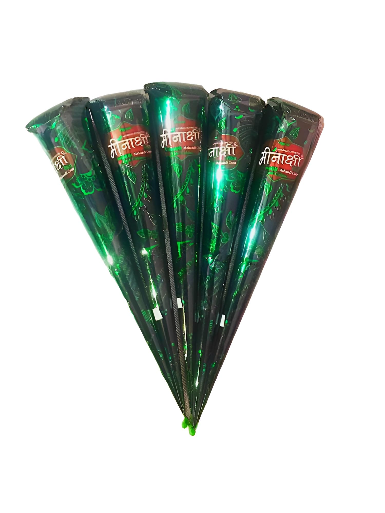 Bundle of green-wrapped decorative sticks with floral patterns and Hindi text on the wrappers. - Meenakshi Mahandi Cone 20g
