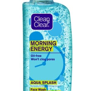 Bottle of Clean & Clear Morning Energy facial cleanser with aqua splash design; label reads ‘Oil-free Won’t clog pores’ and ‘AQA SPLASH’ — 100 ml. - Clean & Clear Aqua Facewash 100ml