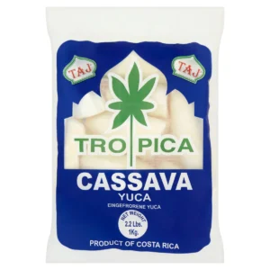 Blue and white Tropica cassava (yuca) bag with green palm logo, labeled 'CASSAVA YUCA' and 'Product of Costa Rica' (1 kg). - Taj Casava Chips 6X1Kg