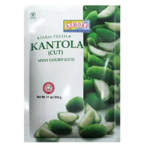 Packaged Kantola (cut) spiny gourd from Ashoka, with green sliced gourds visible on the right side of the bag - Ashoka Okra Cut 310G