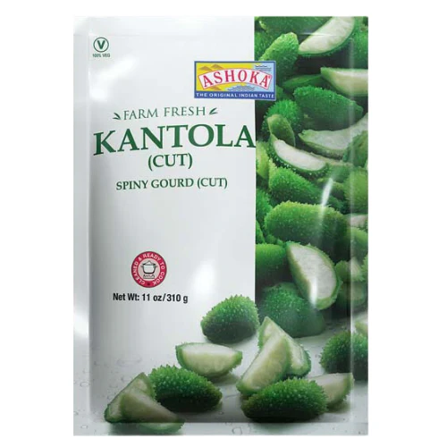 6f137fd9-a607-46b0-935d-157ecb17e284webp - Namaste Bazaar Packaged Kantola (cut) spiny gourd from Ashoka, with green sliced gourds visible on the right side of the bag - Ashoka Okra Cut 310G