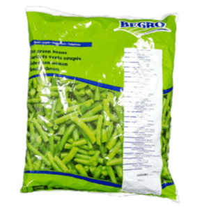 Bag of frozen green beans labeled Begro, bright green packaging with a white nutrition panel on the side. - Begro Cut Green Beans 12*907Grms