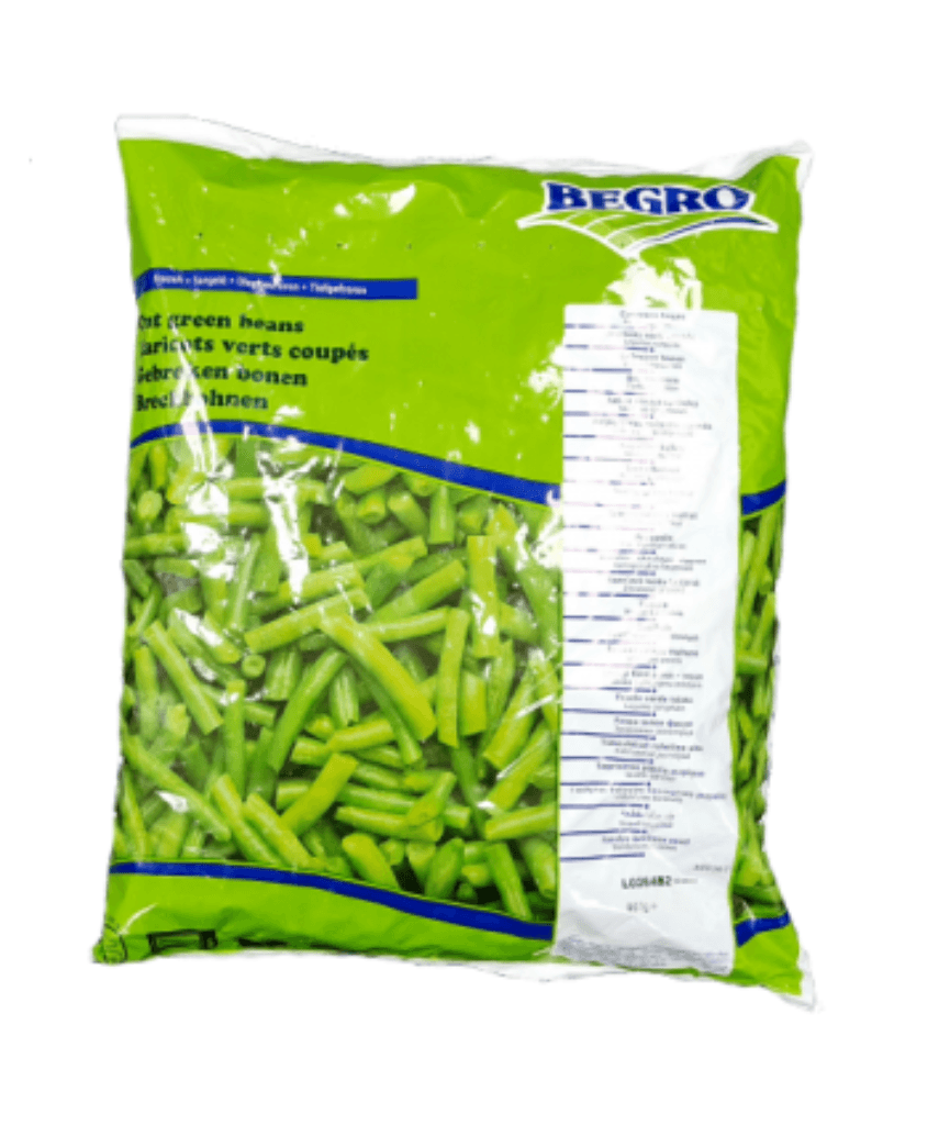 8e196fcb-36fb-40c3-b326-a9b7f989434cpng - Namaste Bazaar Bag of frozen green beans labeled Begro, bright green packaging with a white nutrition panel on the side. - Begro Cut Green Beans 12*907Grms