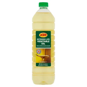 1 Litre bottle of KTC Extended Life Vegetable Oil with a green label, yellow oil inside, cap on top - KTC Vegetable Oil 1 Litre