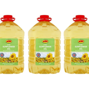 Three 5‑litre bottles of pure sunflower oil with red caps lined up side by side. - KTC Sunflower Oil 3*5 Litre