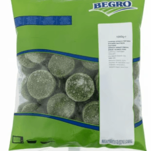 Begro brand bag of frozen green peas in round pellets, 1000 g, bright green packaging. - Green Chopped Spinach Portions 1kg