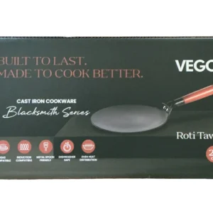 Product box for VEGO cast iron Roti Tawa (24 cm) from the Blacksmith Series, with slogan 'Built to last. Made to cook better.' and an image of a frying pan with a wooden handle on the right side. - Vego Cast Iron Roti Tawa 24cm