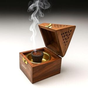 Wooden box with a smoking pipe resting on a brass tray; smoke rises from the bowl as the lid sits open nearby. - Vego Wooden Loban stand
