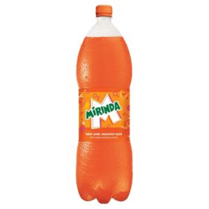 Plastic bottle of Mirinda orange soda with orange cap on a white background. - Mirinda Orange Botl 2.25L