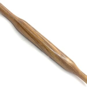 Wooden crochet hook with a smooth, curved shaft and rounded end on a white background. - Vego Gujrati Belan 1″ x14″
