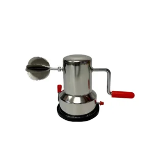 Manual hand-crank meat grinder with a red handle clamped to a surface for grinding meat - Coconut Scrapper S/S