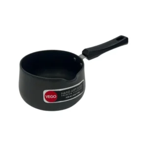 Small black saucepan with a long black handle and VEGO logo on the side. - Vego Hard Anodised Tea Pan 16cm