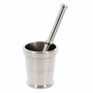 Stainless steel mortar with a long pestle resting inside on a white background. - Vego S/S Khal dasta  No5