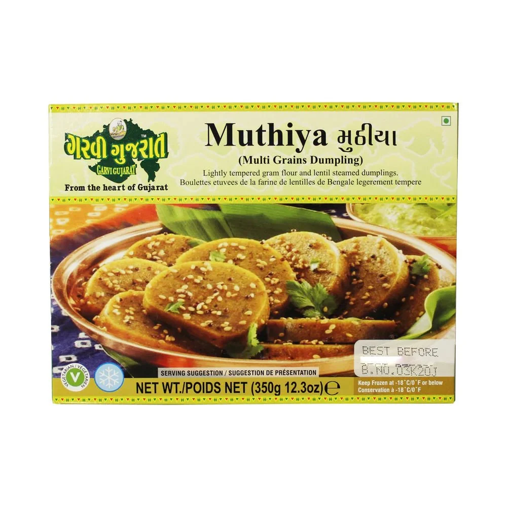 Package of Muthiya (Multi Grains Dumpling) from Garvi Gujarat with a plate of sesame-topped dumplings on the front image. - Garvi Gujarat Muthiya 350g