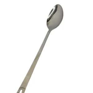 Stainless steel spoon photographed against a white background, showing its shiny oval bowl. - Vego Sober Basting pan 14″