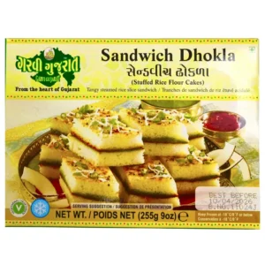 Box of Sandwich Dhokla stuffed rice flour cakes from Gujarat, yellow packaging showing stacked square dhokla on a plate. - Garvi Gujarat Sandwich Dhokla 255g