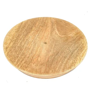 Round wooden cutting/serving board with visible grain on a white background - Vego Mango Chakla 10″