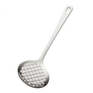 Stainless steel slotted spoon with a perforated bowl and long handle. - Vego Sober Skimmer 14″
