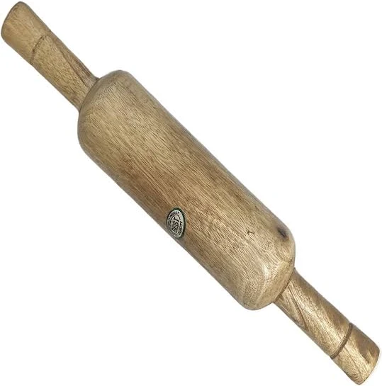 Wooden rolling pin with handles, used to roll out dough for baking.
