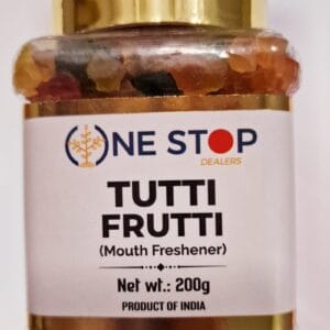 Jar of tutti frutti mouth freshener with a gold cap, brand 'One Stop Dealers', 200g, Product of India, visible mixed-color pieces inside. - One Stop Tutti Frutti 200Gm