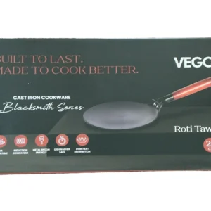 Box for VEGO Blacksmith Series cast iron roti tawa (26 cm), showing a pan with red handle on a dark green package. - Vego Cast Iron Roti Tawa 26cm