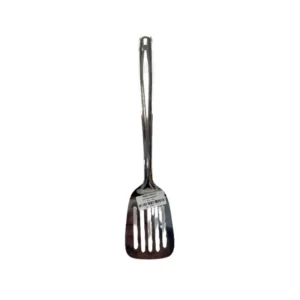 Stainless steel slotted spatula with a long curved handle and four slots on the head - Vego Sober Turner 14″