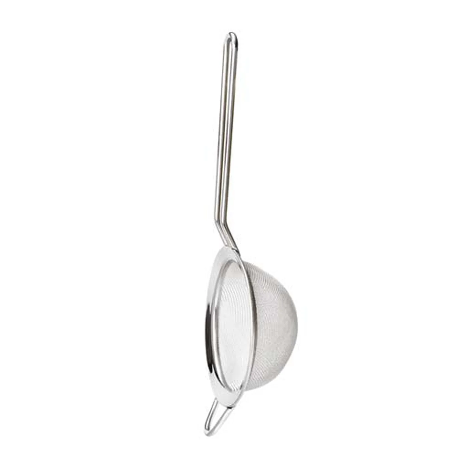 Stainless steel tea infuser spoon with a perforated mesh ball and long handle on a white background.