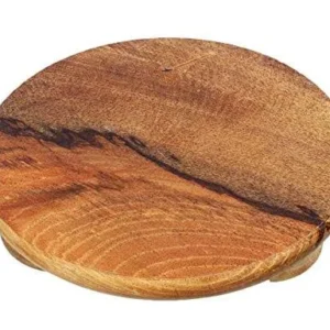 Round wooden cutting board with a natural edge and visible wood grain on a white background. - Vego Wooden Chakla 10″