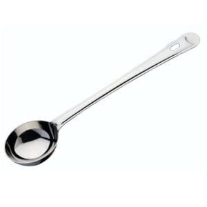 Stainless steel soup ladle with a long curved handle and deep bowl. - Vego Basting Ladle No.6