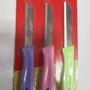 Three small kitchen knives with blue, purple, and green handles in red packaging labeled 'rena germany Kitchen Knife'. - Rena Knife Set 3pcs