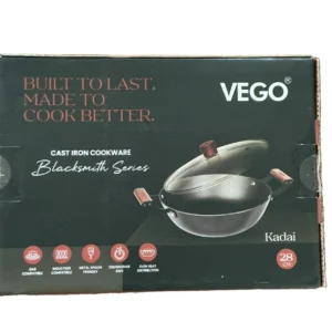 Box for VEGO Blacksmith Series cast-iron Kadai with lid, 28 cm in diameter, on dark packaging - Vego Cast Iron Kadai 26cm