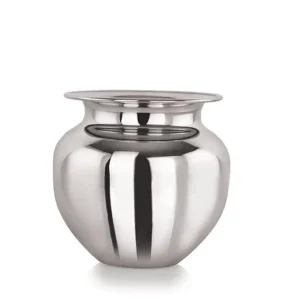Polished silver vase with a rounded body and wide, flat rim on a white background. - Vego S/S Pooja Lota No 8