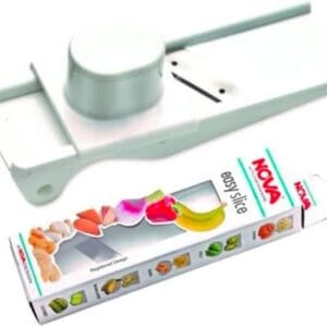 Compact white vegetable slicer with a round circular blade and sliding holder, shown beside its Nova Easy Slice packaging. - Nova Dry Fruit Slicer