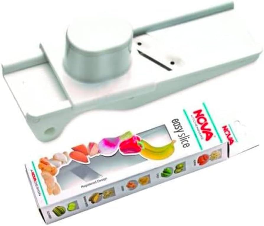 Compact white vegetable slicer with a round circular blade and sliding holder, shown beside its Nova Easy Slice packaging.