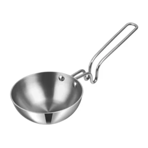 Small stainless steel saucepan with a long double-loop handle. - Vego Triply Tadka Pan Induction Base 4.5″