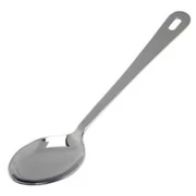 Long-handled metal serving spoon with an oval bowl and a hole in the handle end.
