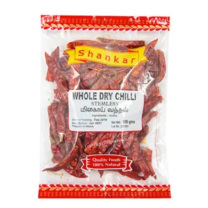 Shankar brand bag of whole dried chili peppers in a clear plastic package. - Shankar Whole Dry Chilli Steamless 100gm