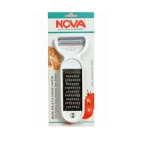 Nova hand-held cheese grater in packaging; white body with metal grating, shown with tomato images on the packaging - Nova Magic Peeler & Cheese Grater