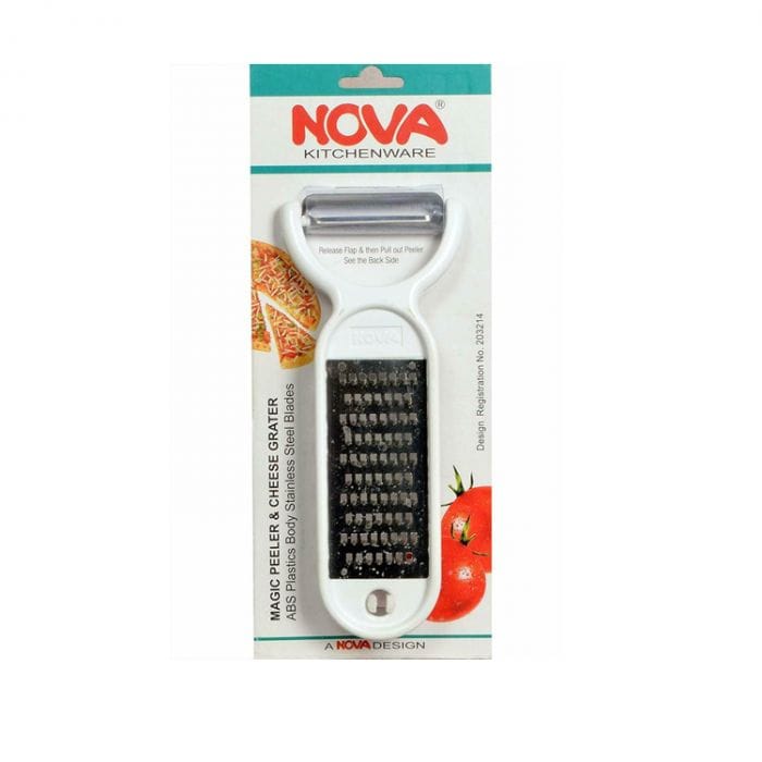 Nova hand-held cheese grater in packaging; white body with metal grating, shown with tomato images on the packaging