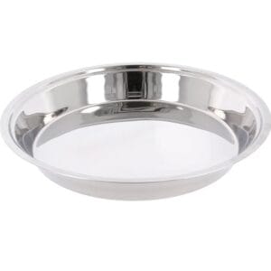 Shiny stainless steel round bowl with a wide rim and shallow depth - Vego SS Parat 12″